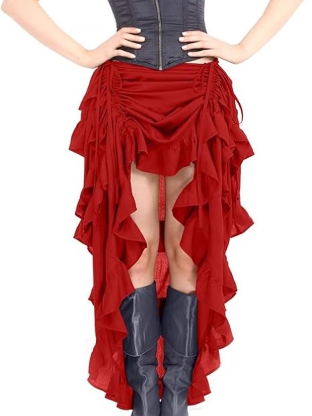The Pirate Dressing SteamHigh-Low Red Skirt with Adjustable Side Ruching